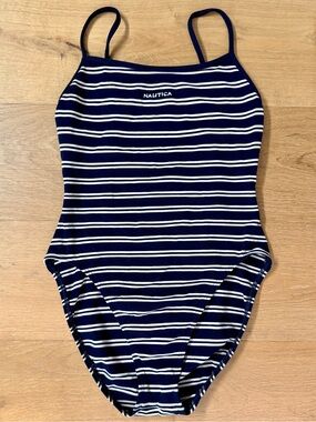VTG Nautica Navy White Stripe Ribbed Crossback One Piece Swimsuit Size XS* (Est)
